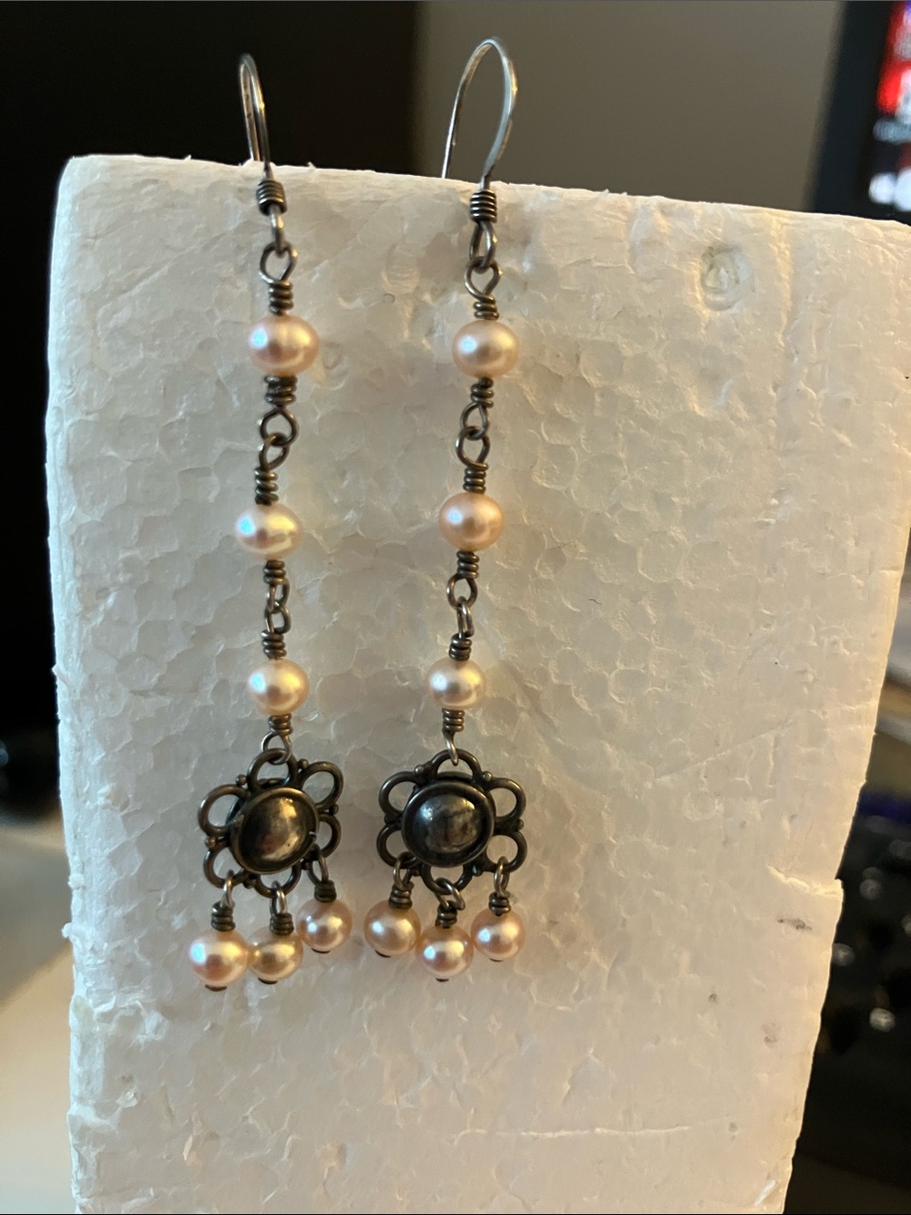 Delicate Pearl Drop Earrings in Cream and Antique Silver